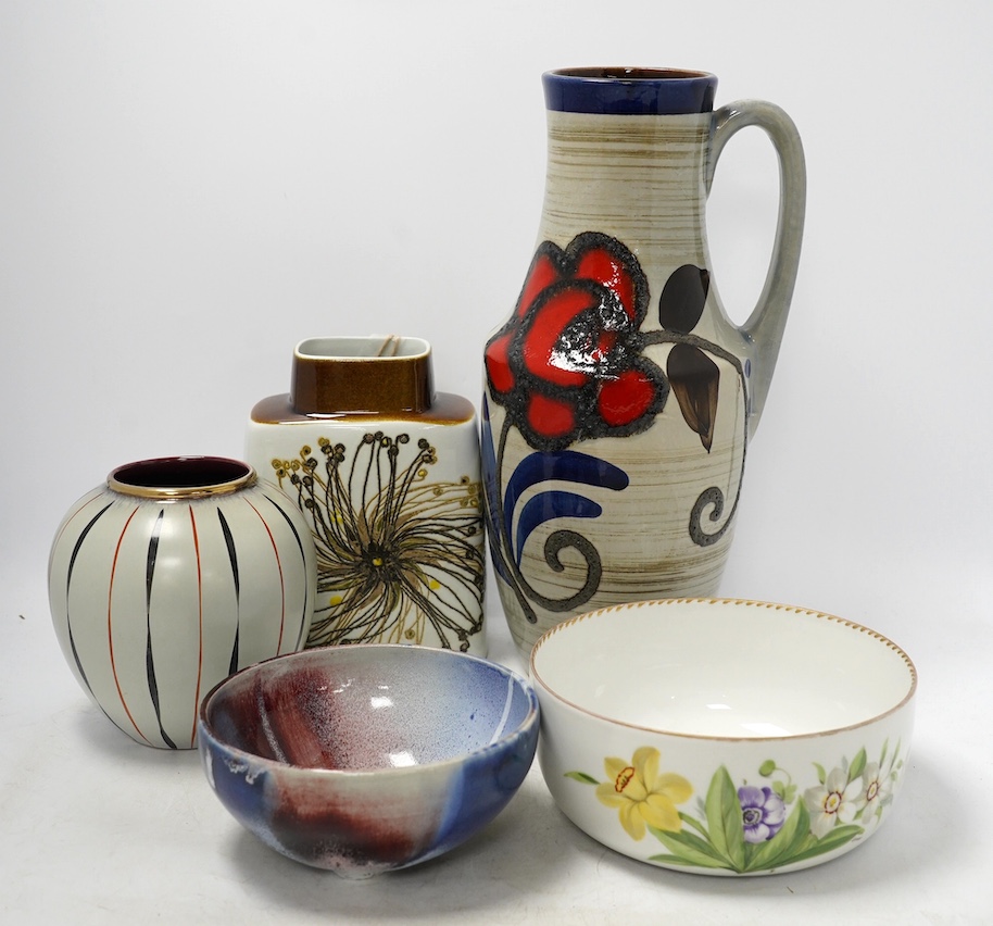Five ceramic items including a Royal Copenhagen vase, 19cm, two West German vases, tallest 34.5cm, a studio pottery bowl and a Dresden bowl. Condition - good